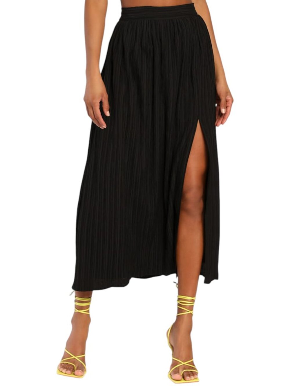 Lulus Black Maxi Skirt Mid-Rise Textured Side Slit Midsummer Memories Size M